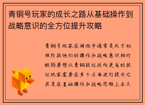 青铜号玩家的成长之路从基础操作到战略意识的全方位提升攻略